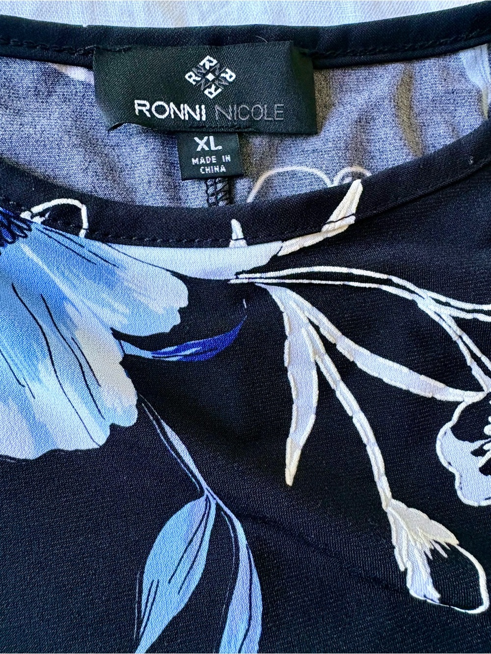 Ronni Nicole XL Black Blue Floral Midi Dress Sleeveless Stretch Swing Flounce He - Picture 7 of 10